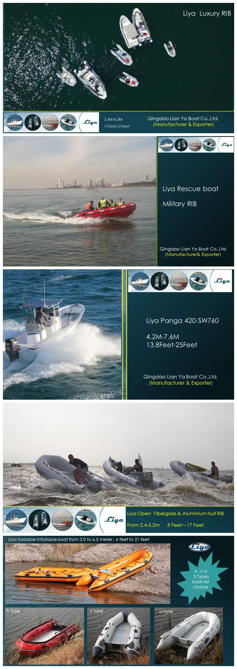 Liya 22feet Sport Rib Boat Fiberglass Rigid Inflatable Boat