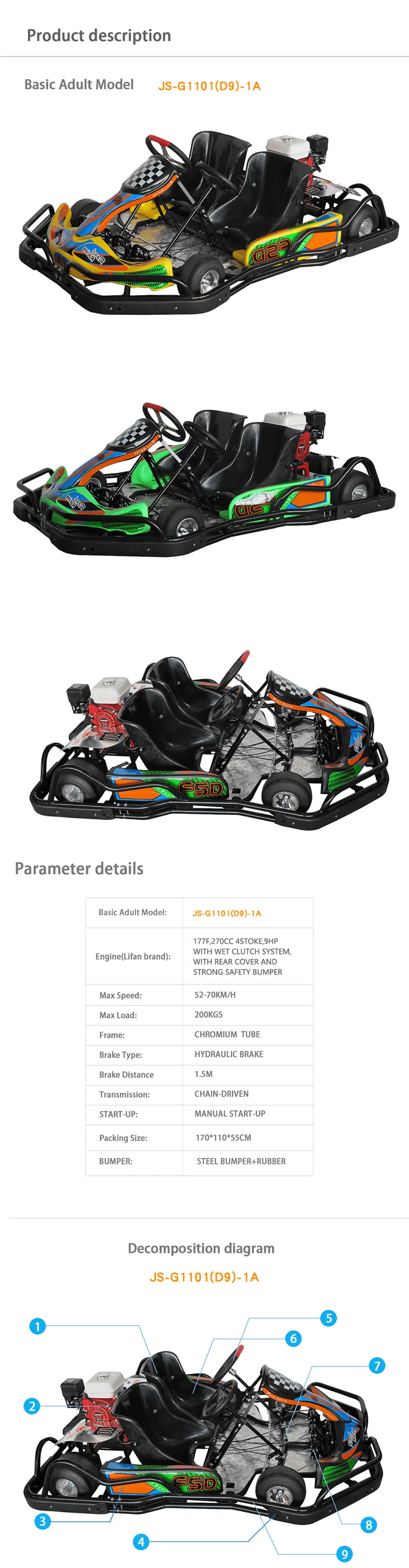 Outdoor Racing Adult Gasoline Pedal 2persons Double Seats Lifan 177f 270cc Go Kart